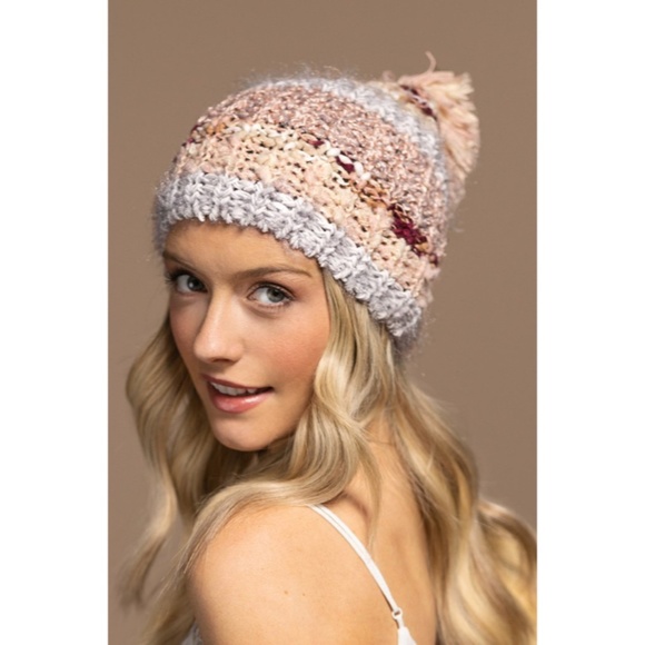 Accessories - Blush Cozy Knitted Striped Pompom Winter Knit Beanie Women's Hat